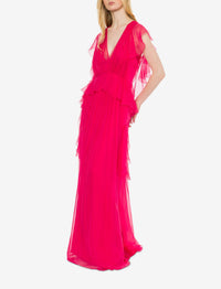 Robe longue en soie avec plis et volants - Fucsia