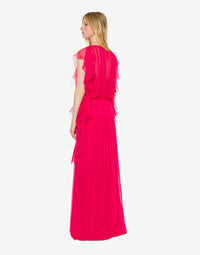 Robe longue en soie avec plis et volants - Fucsia