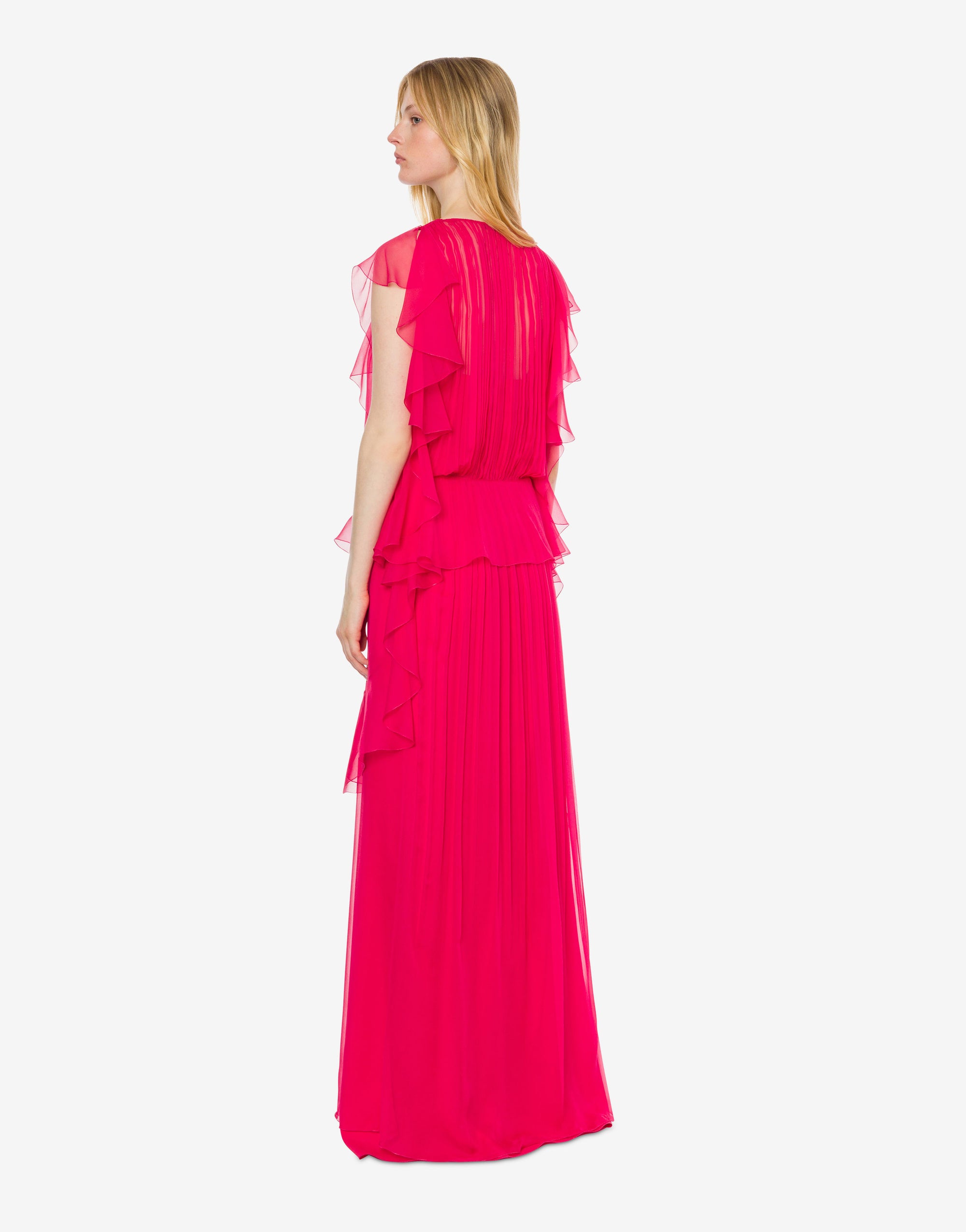 Robe longue en soie avec plis et volants - Fucsia