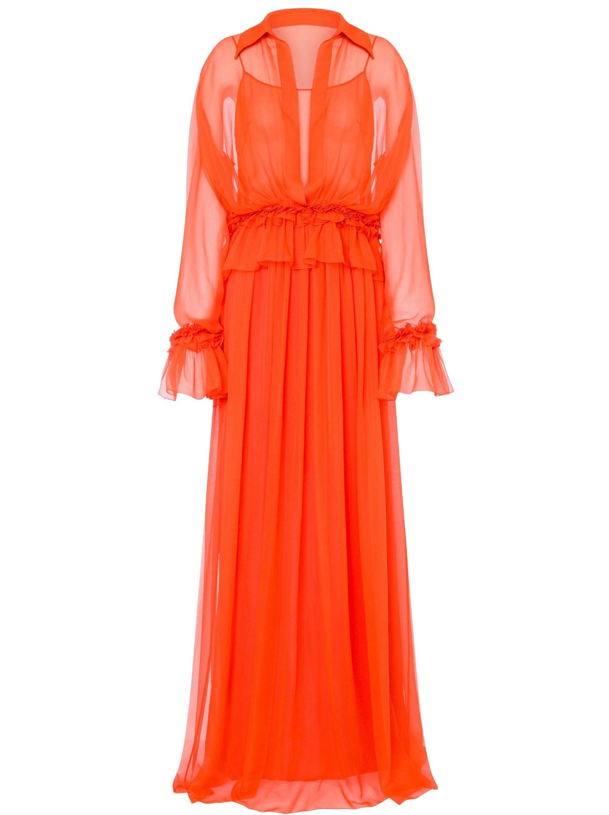 Robe longue en soie avec volants - Orange
