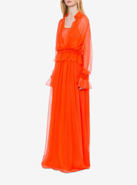 Robe longue en soie avec volants - Orange
