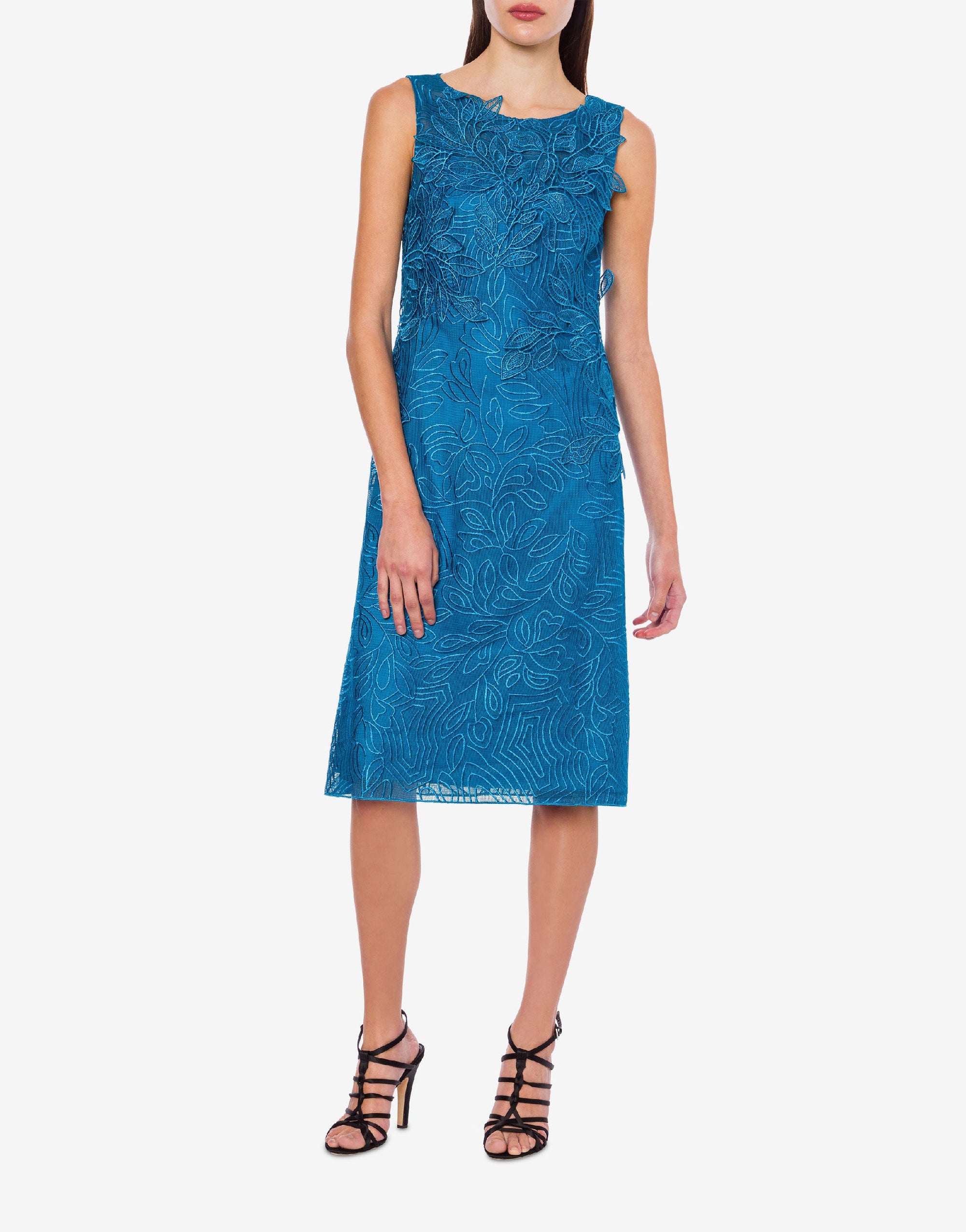 Robe midi en dentelle macramé de feuillage - Blue