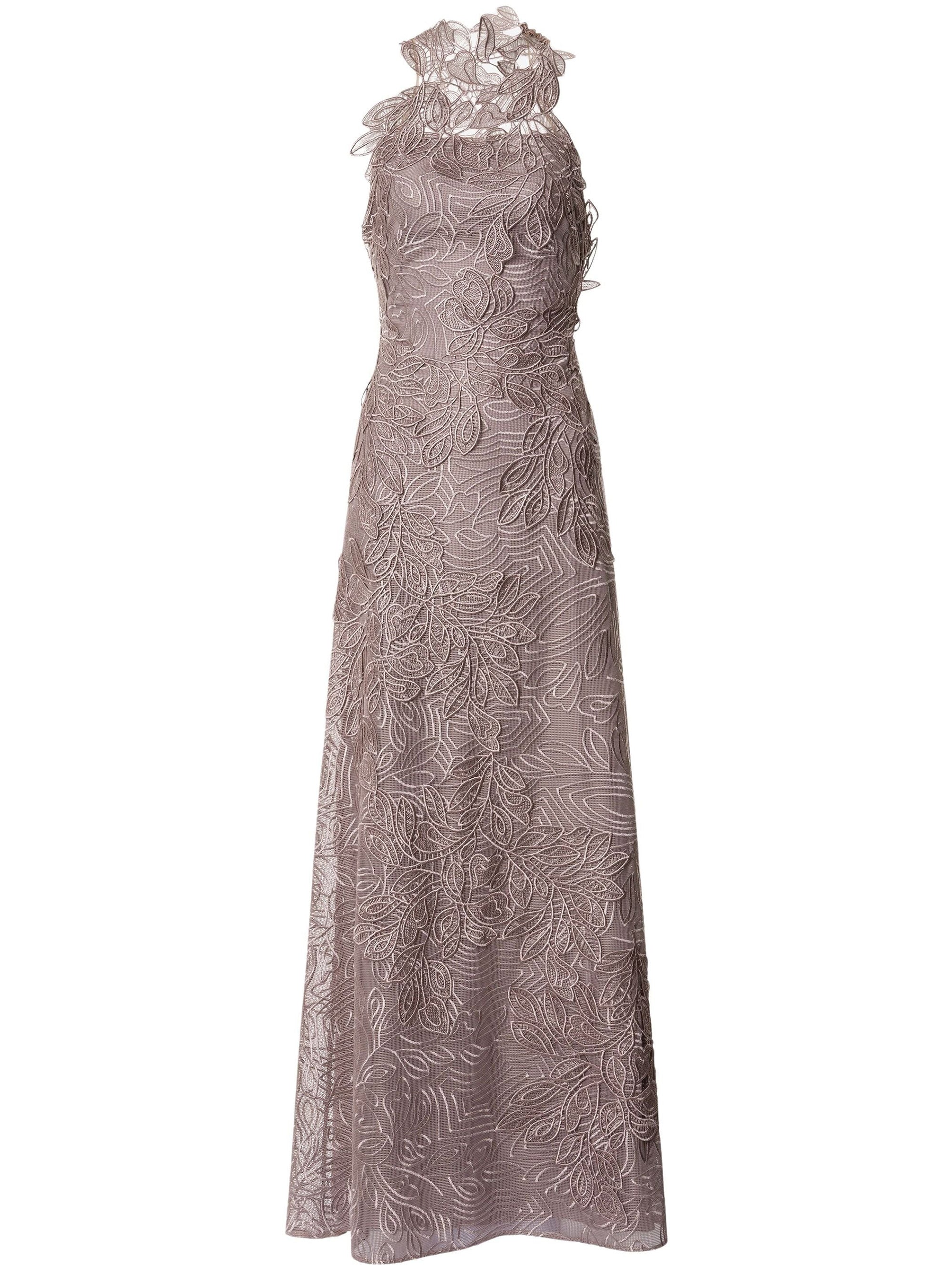 Robe longue en dentelle macramé feuillage - Beige