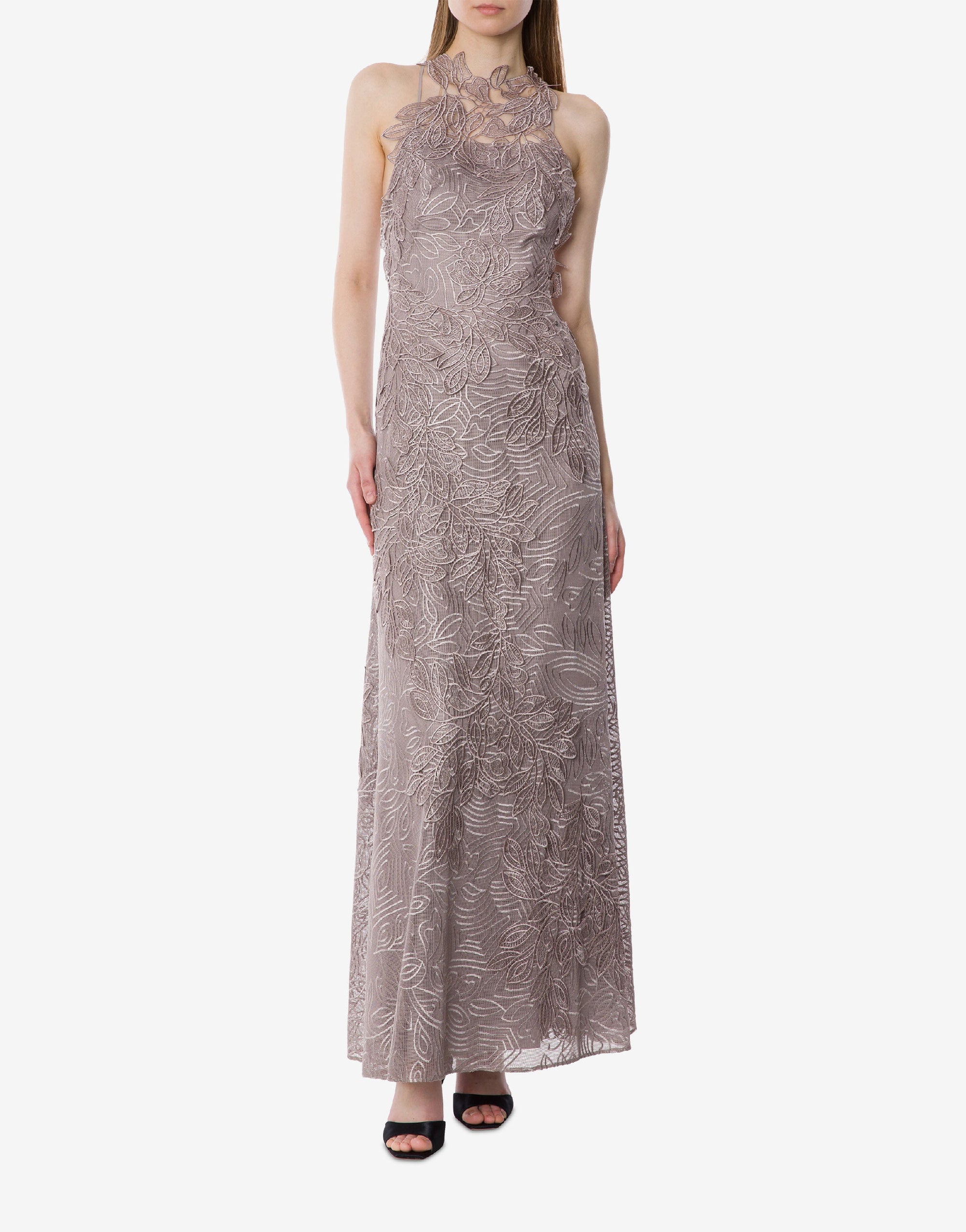 Robe longue en dentelle macramé feuillage - Beige