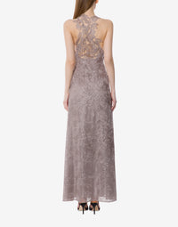 Robe longue en dentelle macramé feuillage - Beige
