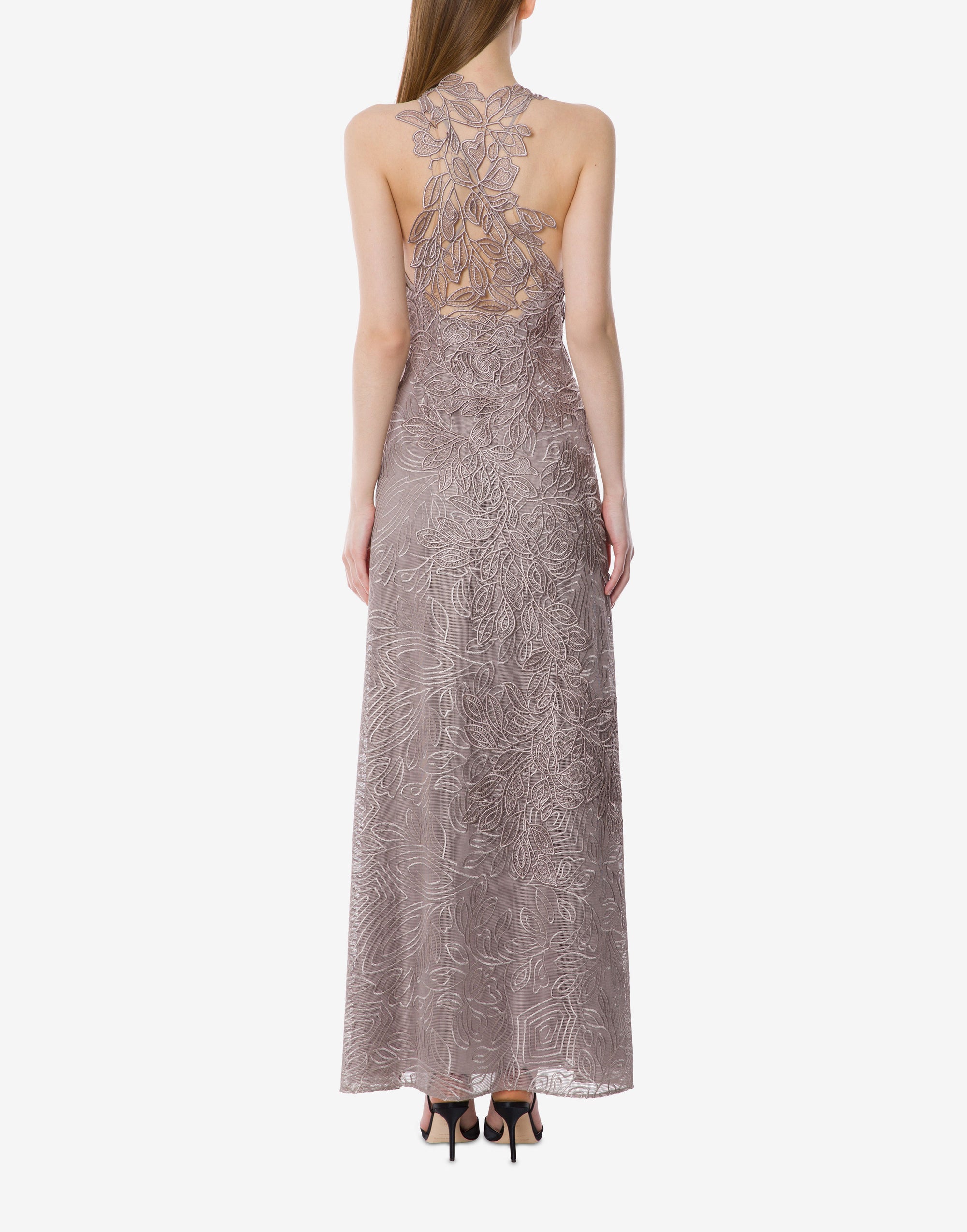Robe longue en dentelle macramé feuillage - Beige