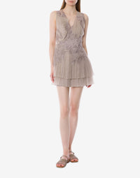 Robe courte à dentelles en mousseline de soie - Beige