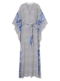 Robe longue rayé avec manches fleuries - Fantasy & White