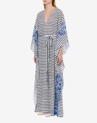 Robe longue rayé avec manches fleuries - Fantasy & White