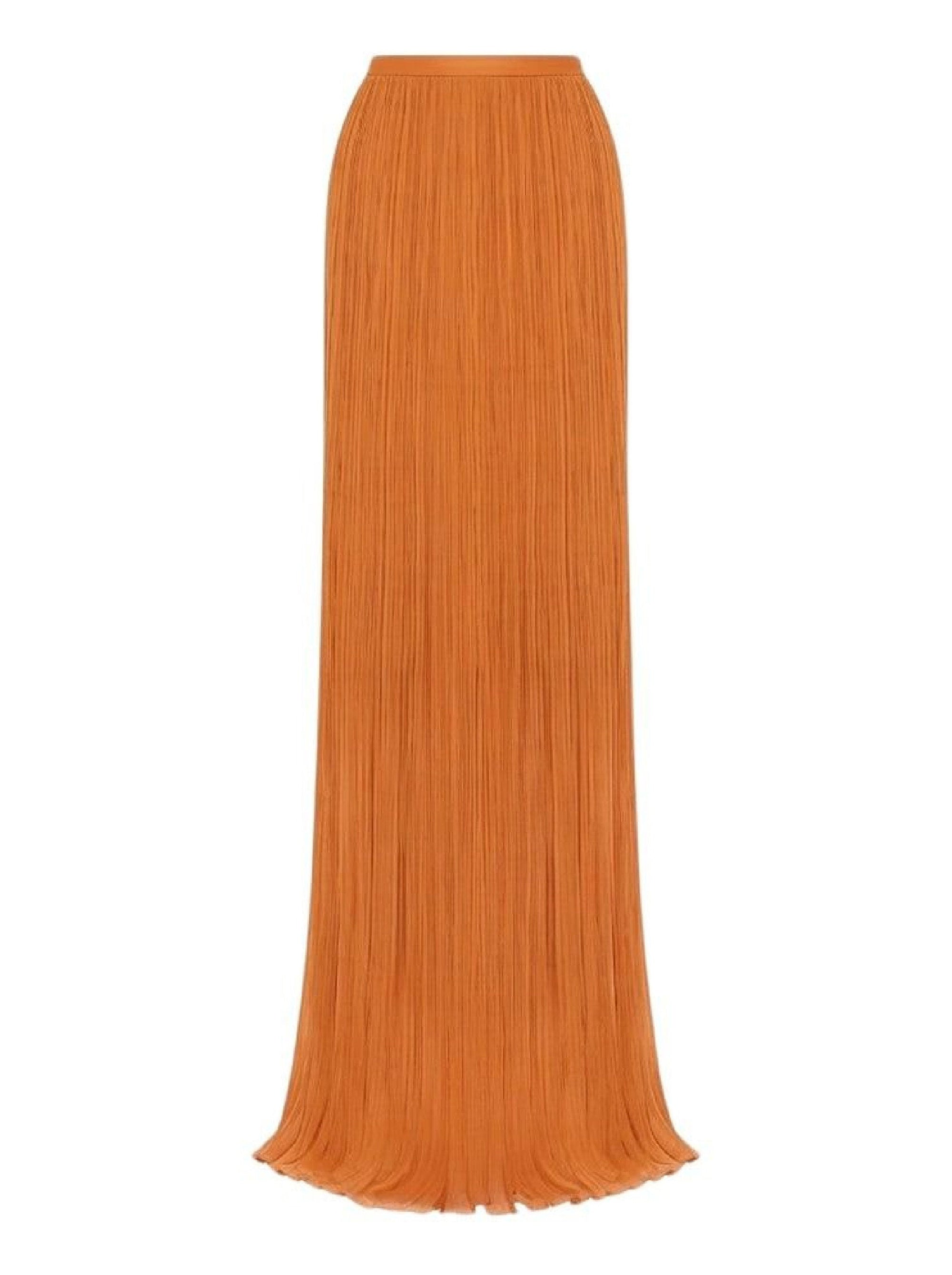 Jupe longue en mousseline de soie plissée organisée - Orange