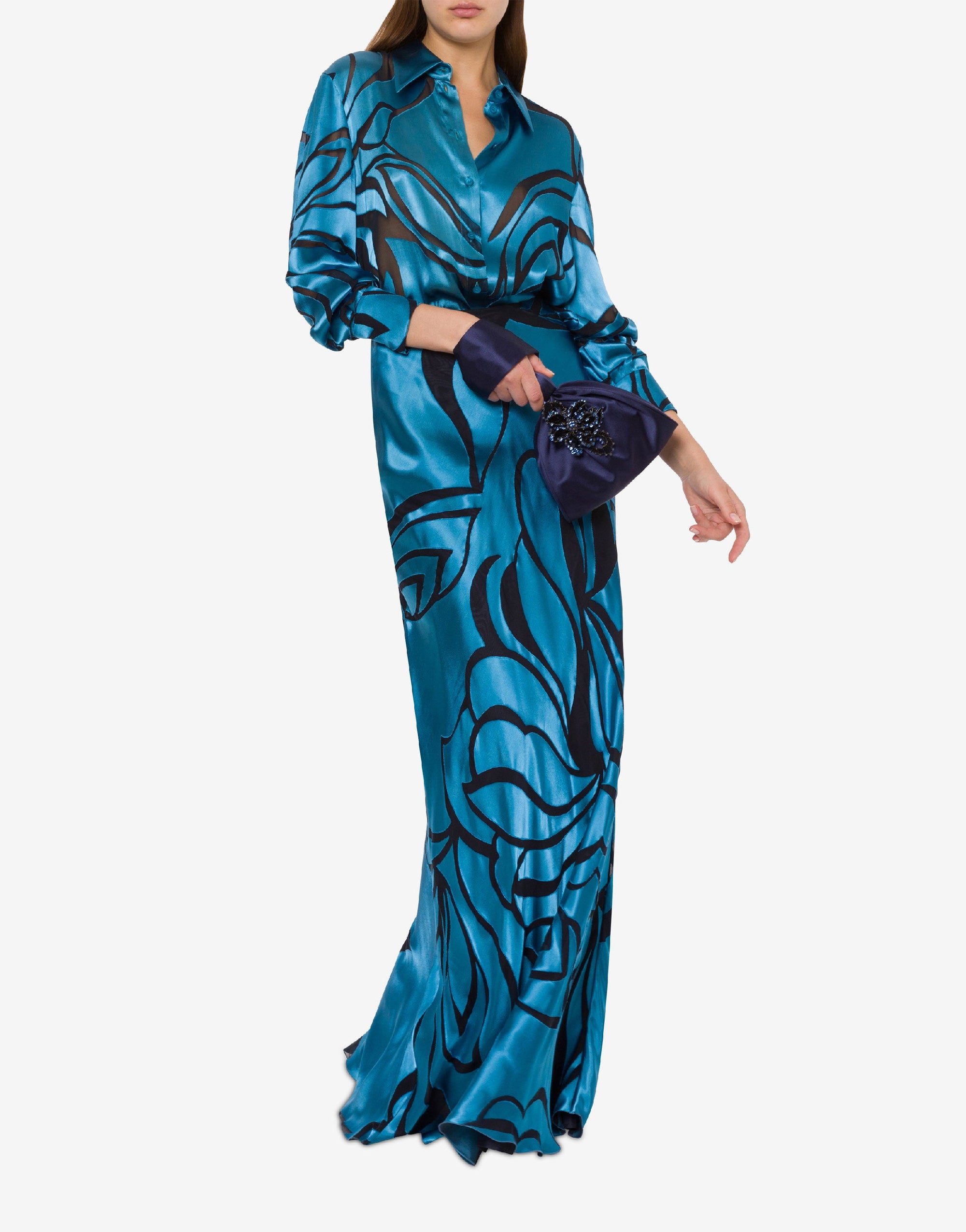 Long skirt in gold-tone satin - Blue