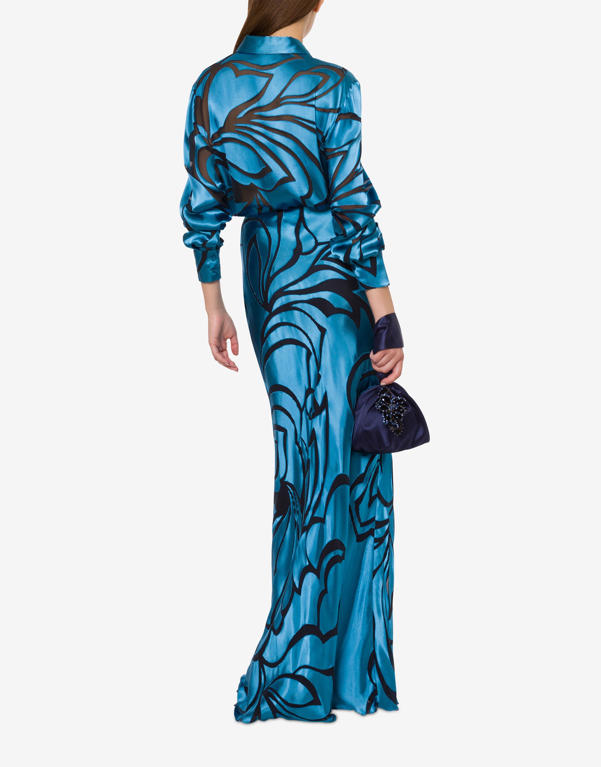 Long skirt in gold-tone satin - Blue