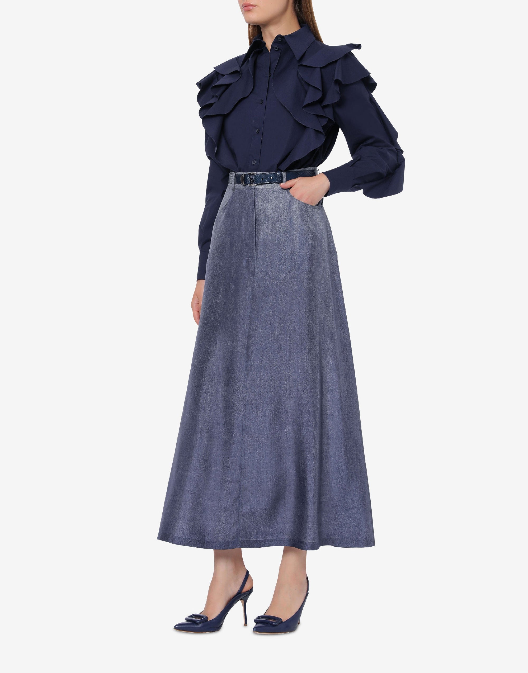 Jupe longue à imprimé denim en soie - Multi Blue