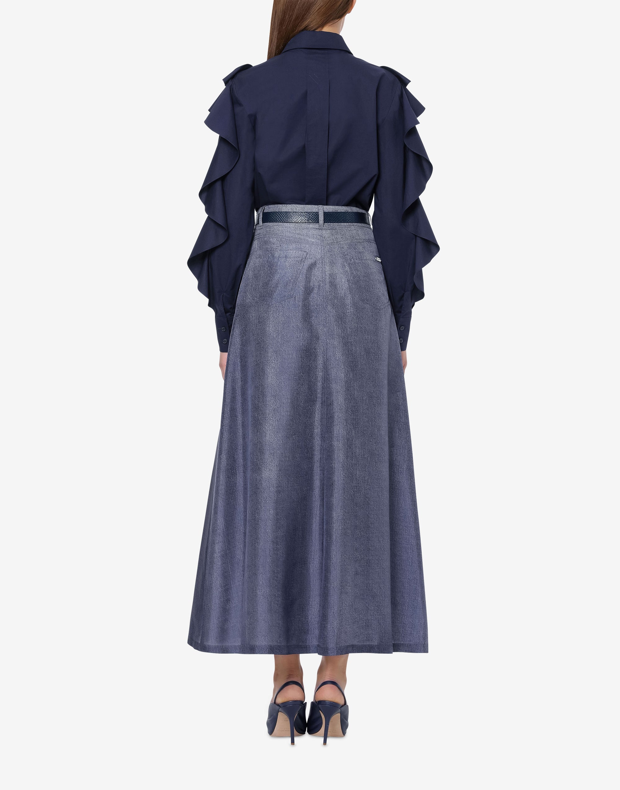 Jupe longue à imprimé denim en soie - Multi Blue