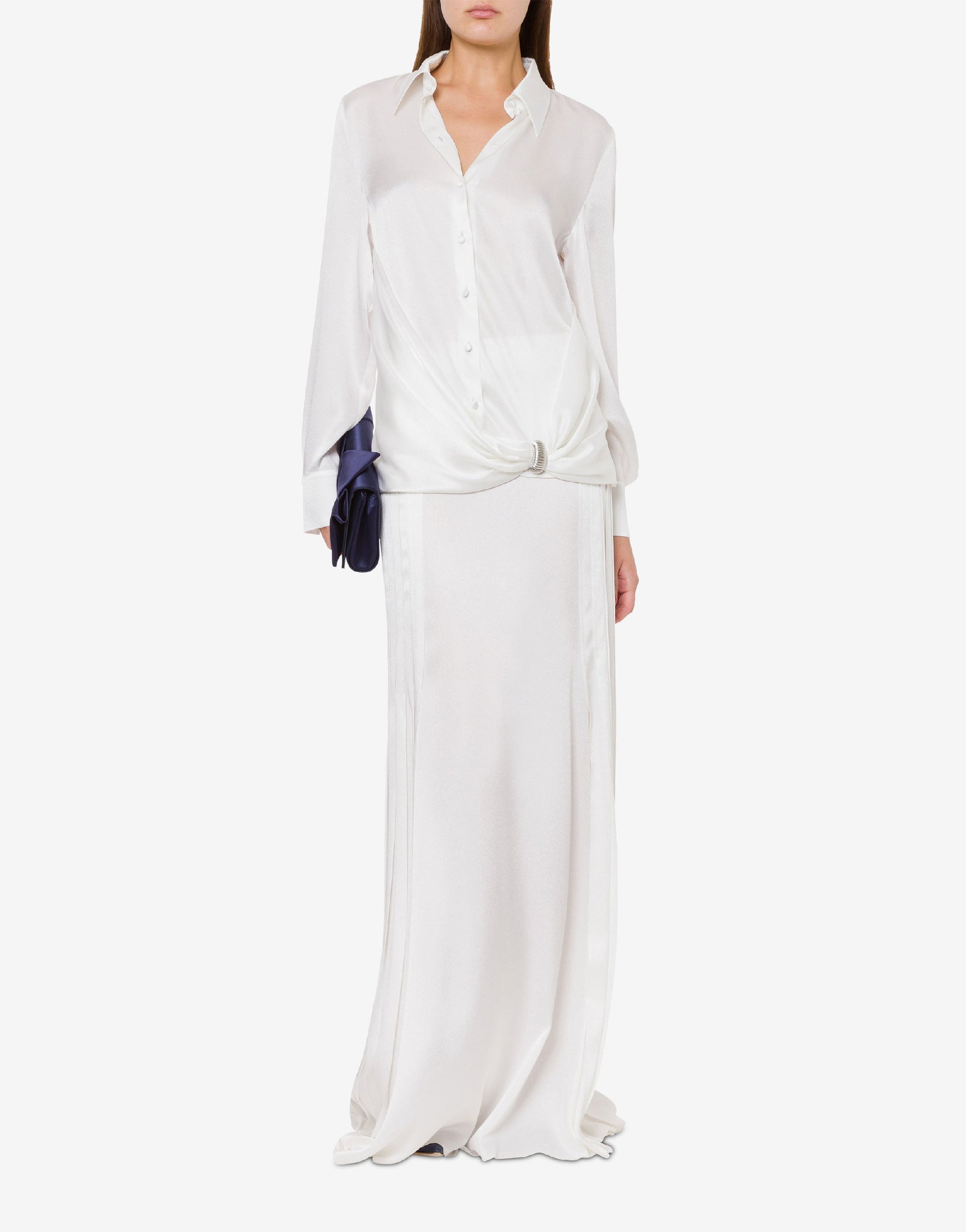 Chemise en soie mélangée avec bijou - White