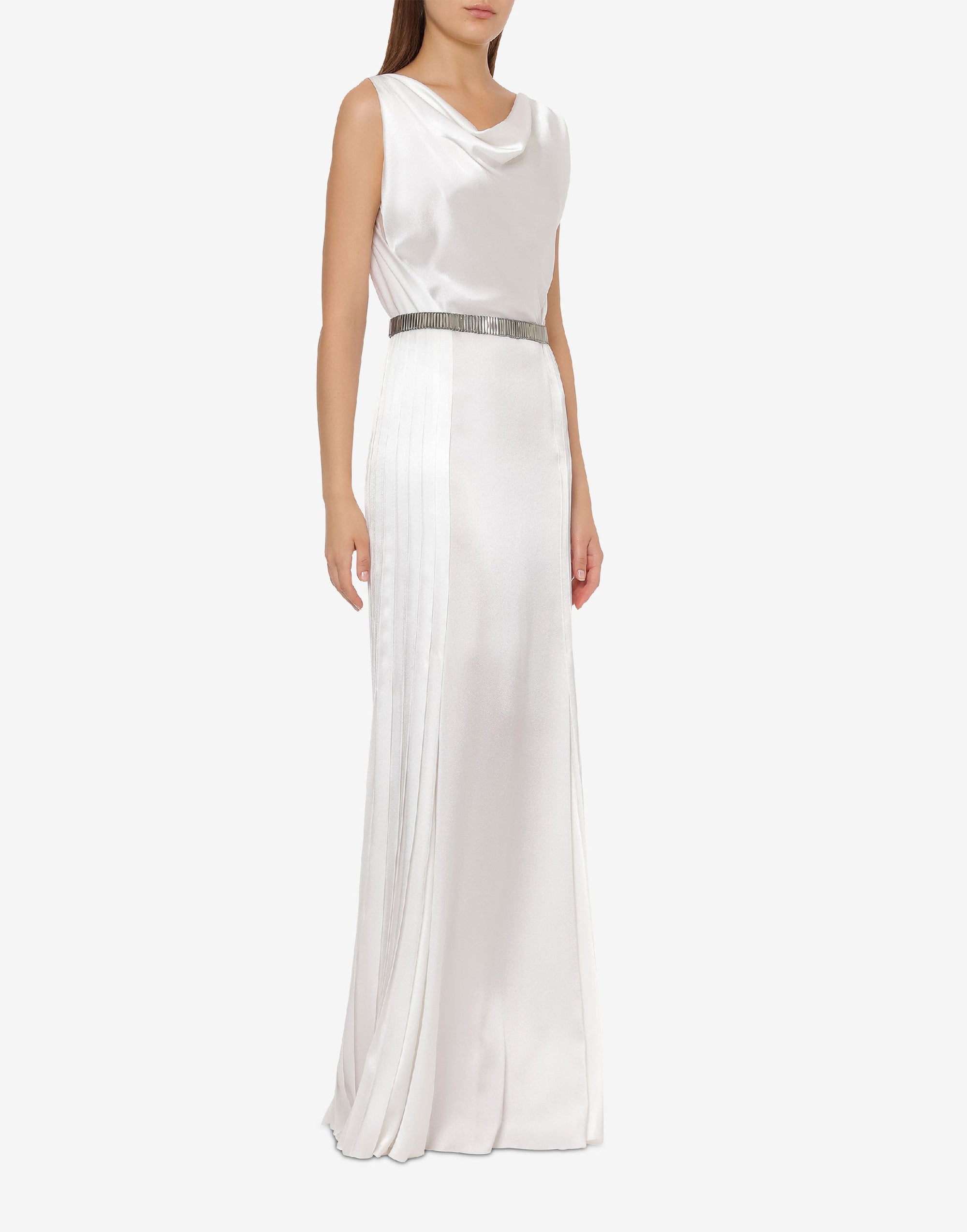 Pleated silk blend maxi dress with cocktail - White