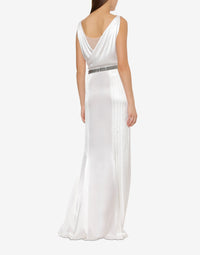 Pleated silk blend maxi dress with cocktail - White