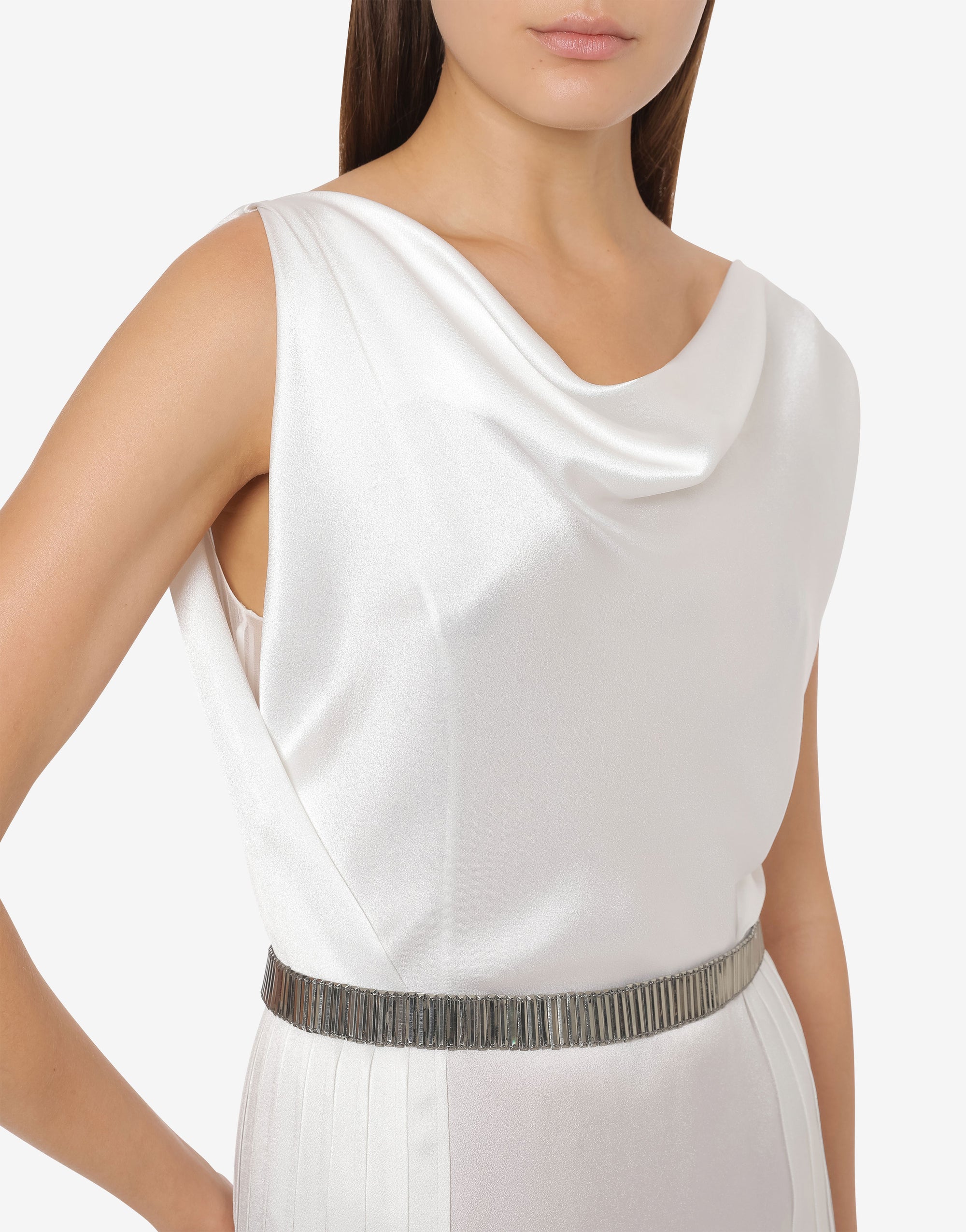 Pleated silk blend maxi dress with cocktail - White