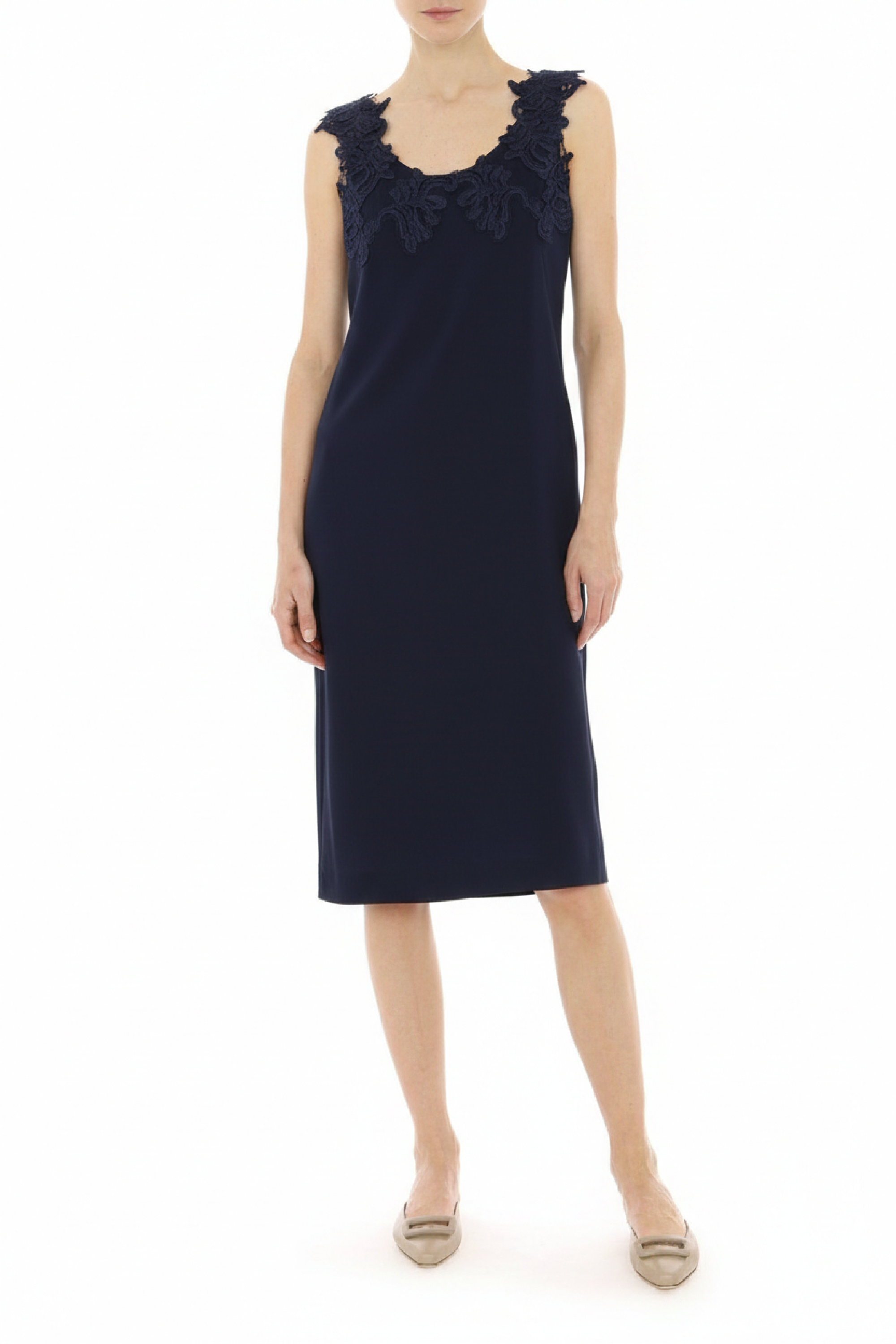 Robe midi sans manches avec encolure en dentelle brodée - Dark Blue