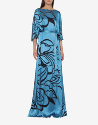 Robe longue en soie mélangée avec ceinture - Blue
