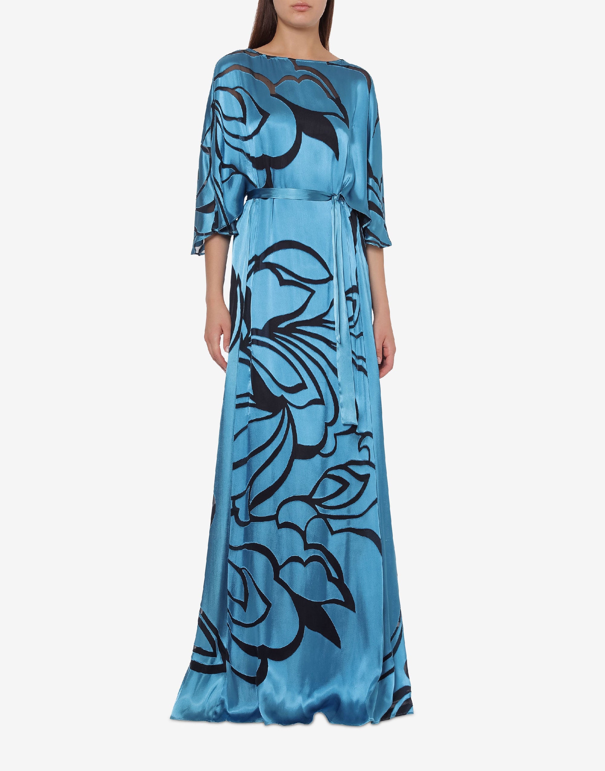 Robe longue en soie mélangée avec ceinture - Blue