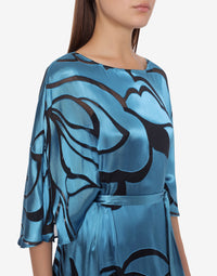 Robe longue en soie mélangée avec ceinture - Blue