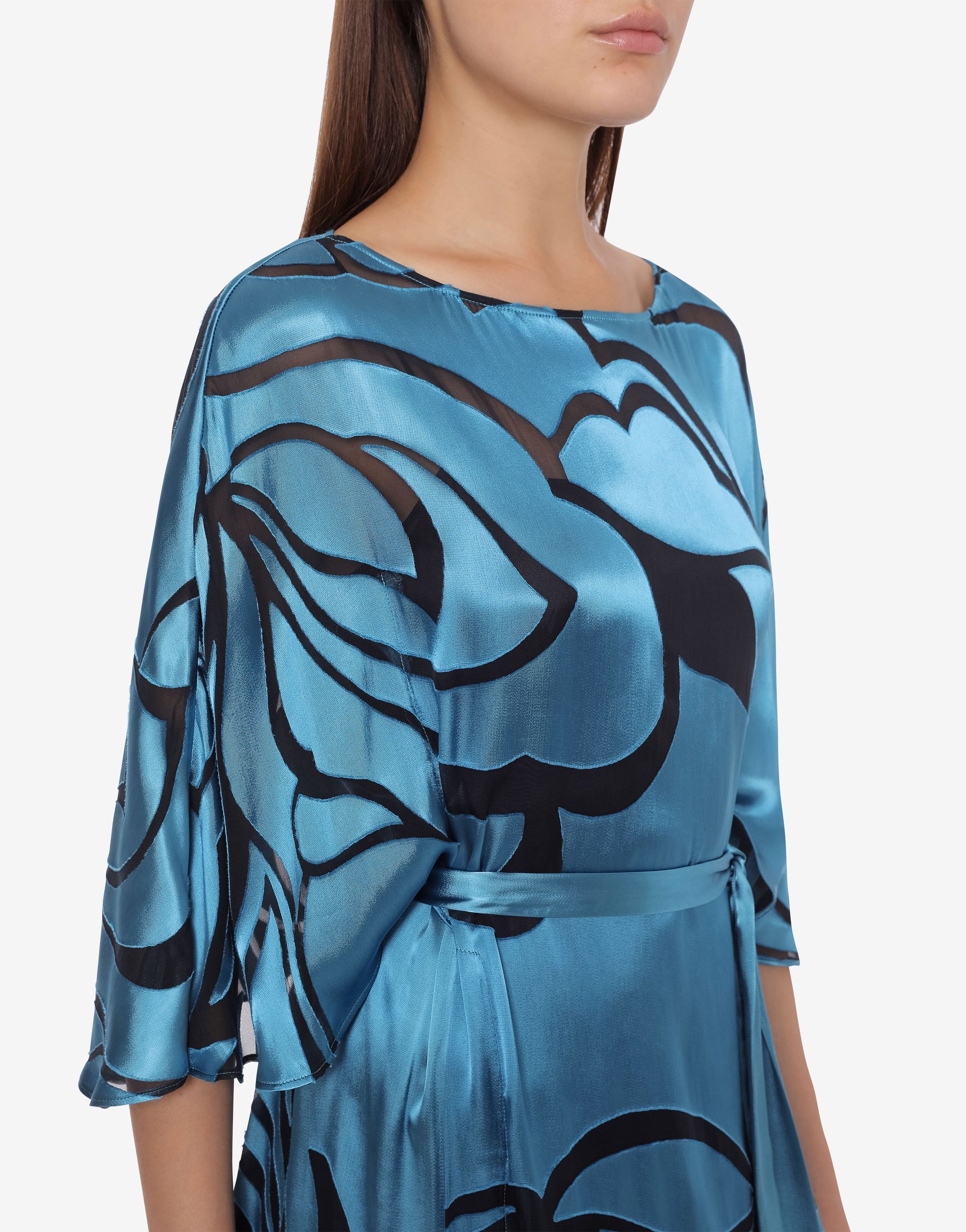 Robe longue en soie mélangée avec ceinture - Blue