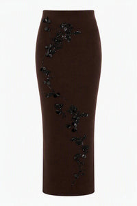 Jupe Midi en Maille Ornée - Brown
