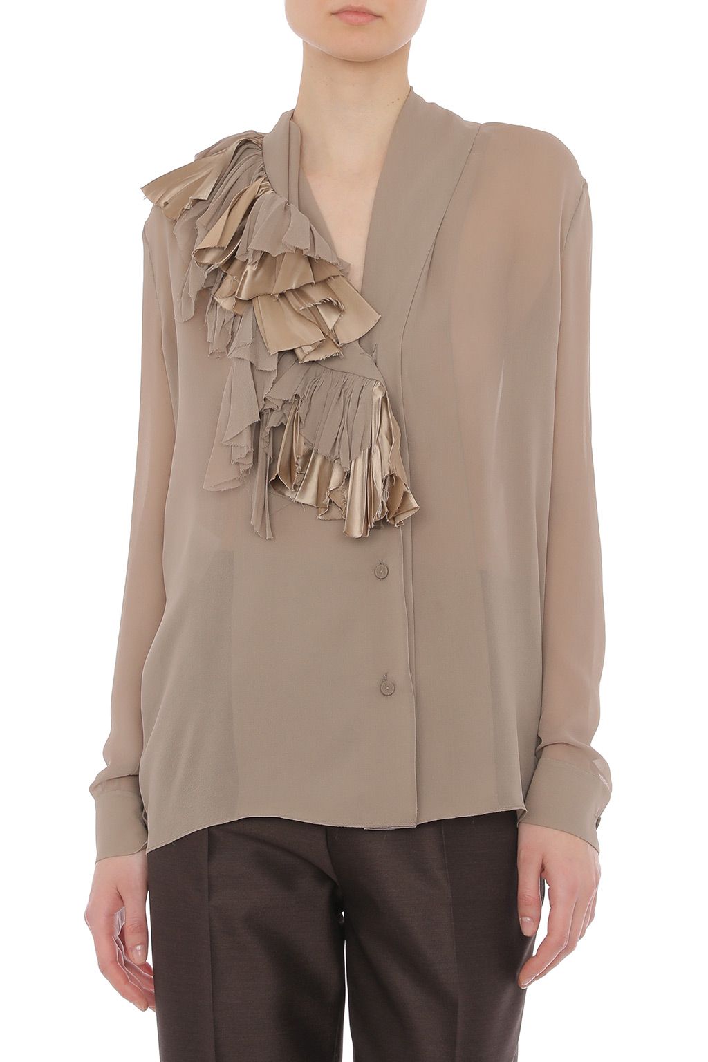 Blouse en georgette de soie à volants - Beige