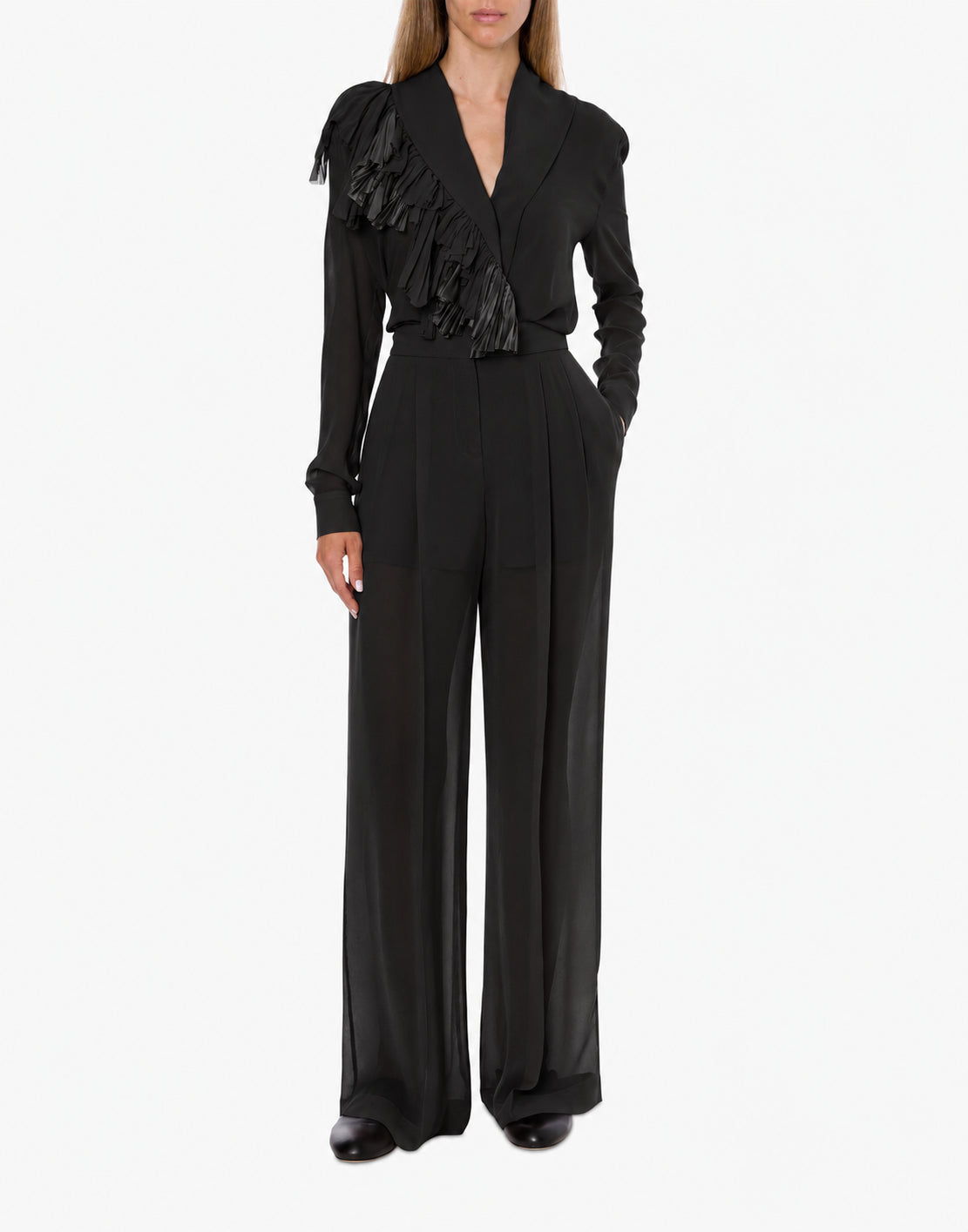 Blouse en georgette de soie à volants - Black