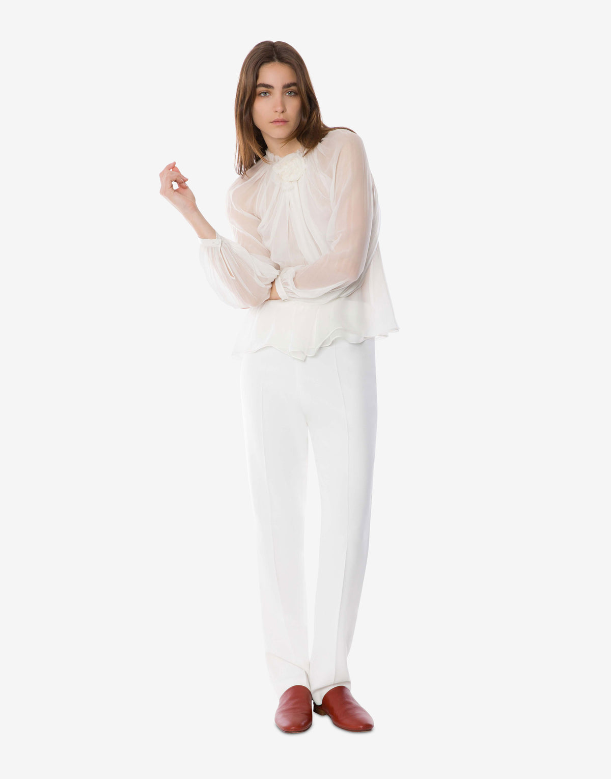 Blouse à manches longues en mousseline de soie - White