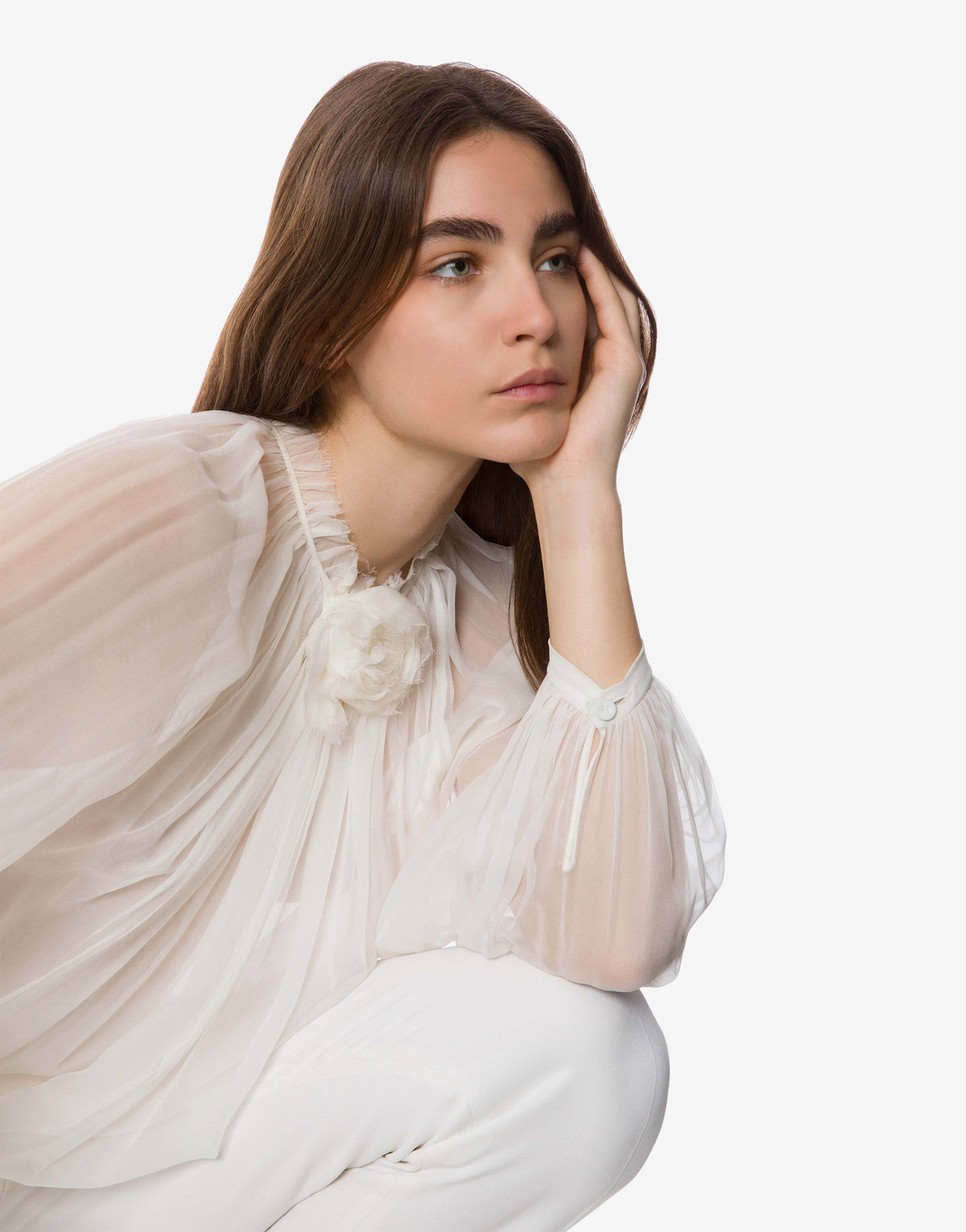 Blouse à manches longues en mousseline de soie - White