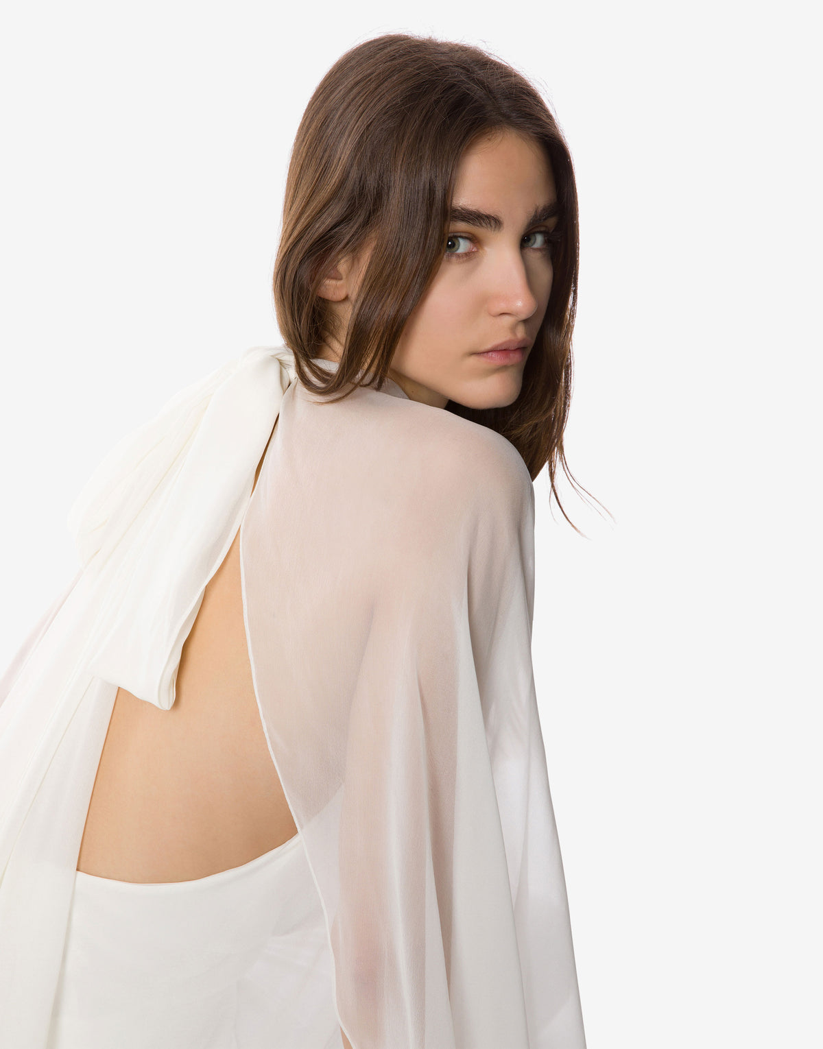 Blouse en cady stretch avec manches en mousseline de soie  - White