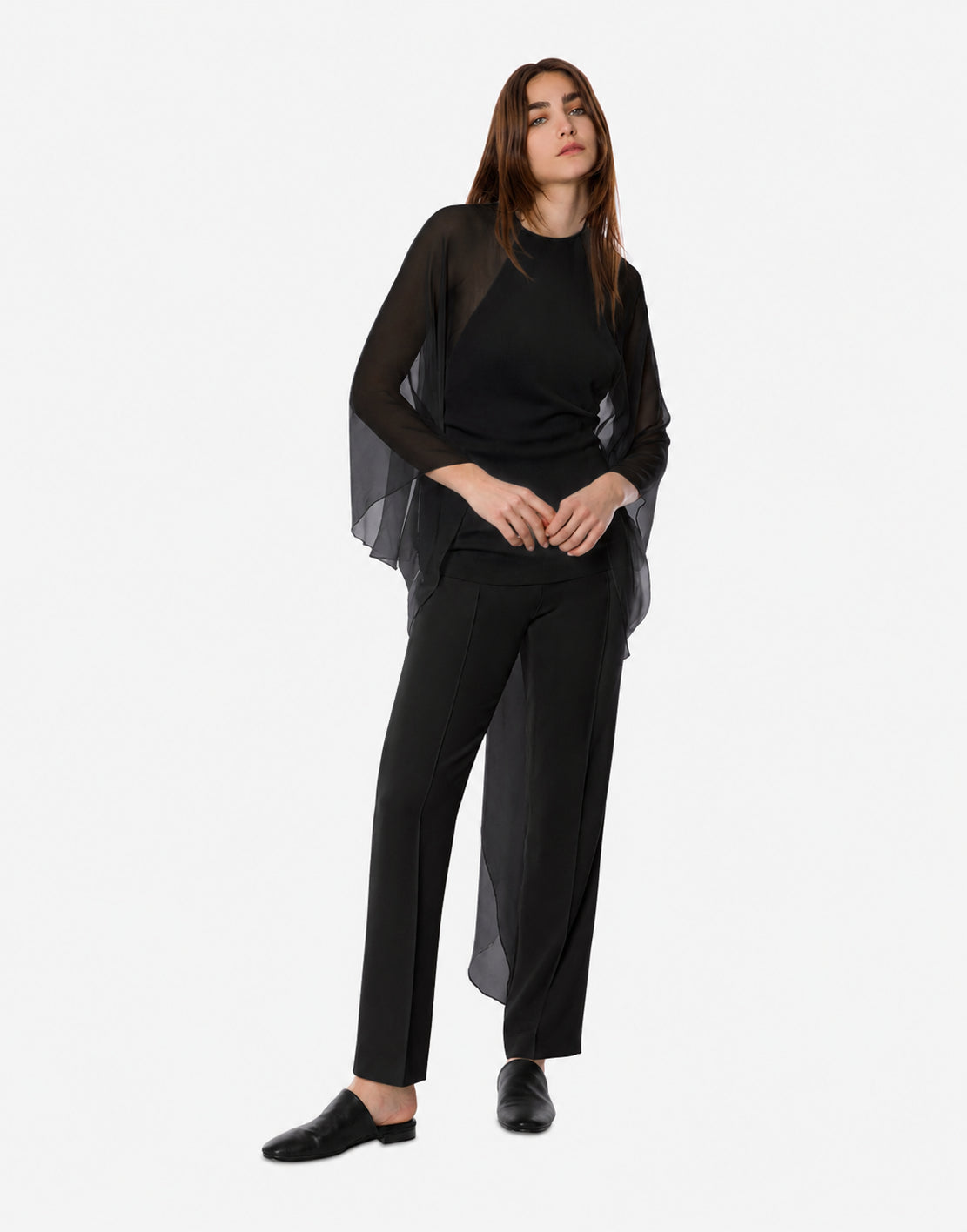 Blouse en cady stretch avec manches en mousseline de soie  - Black