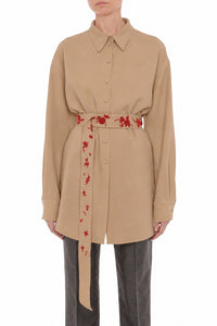 Robe Chemise Ceinturée Ornée - Beige
