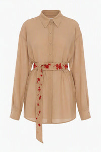 Robe Chemise Ceinturée Ornée - Beige