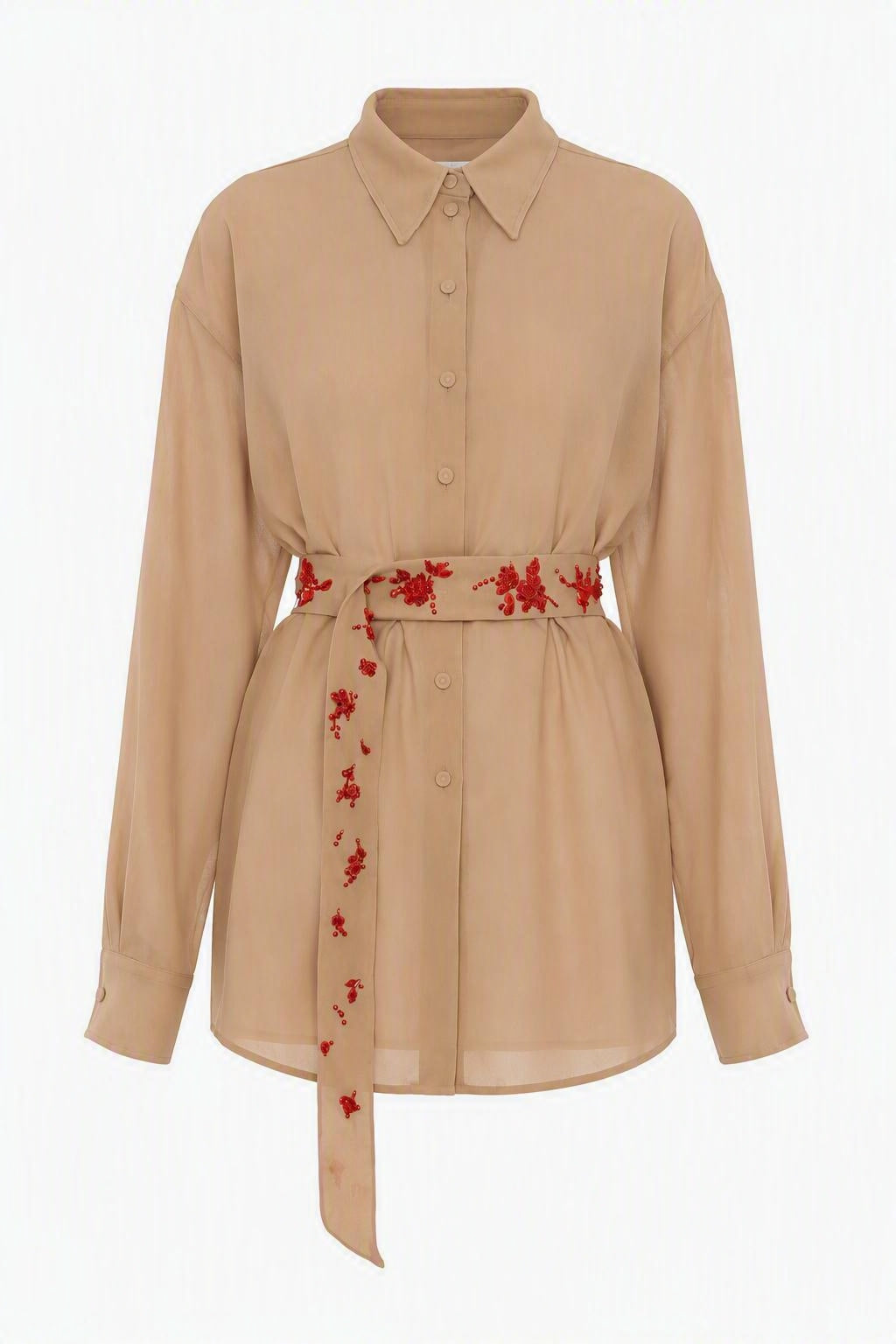 Robe Chemise Ceinturée Ornée - Beige