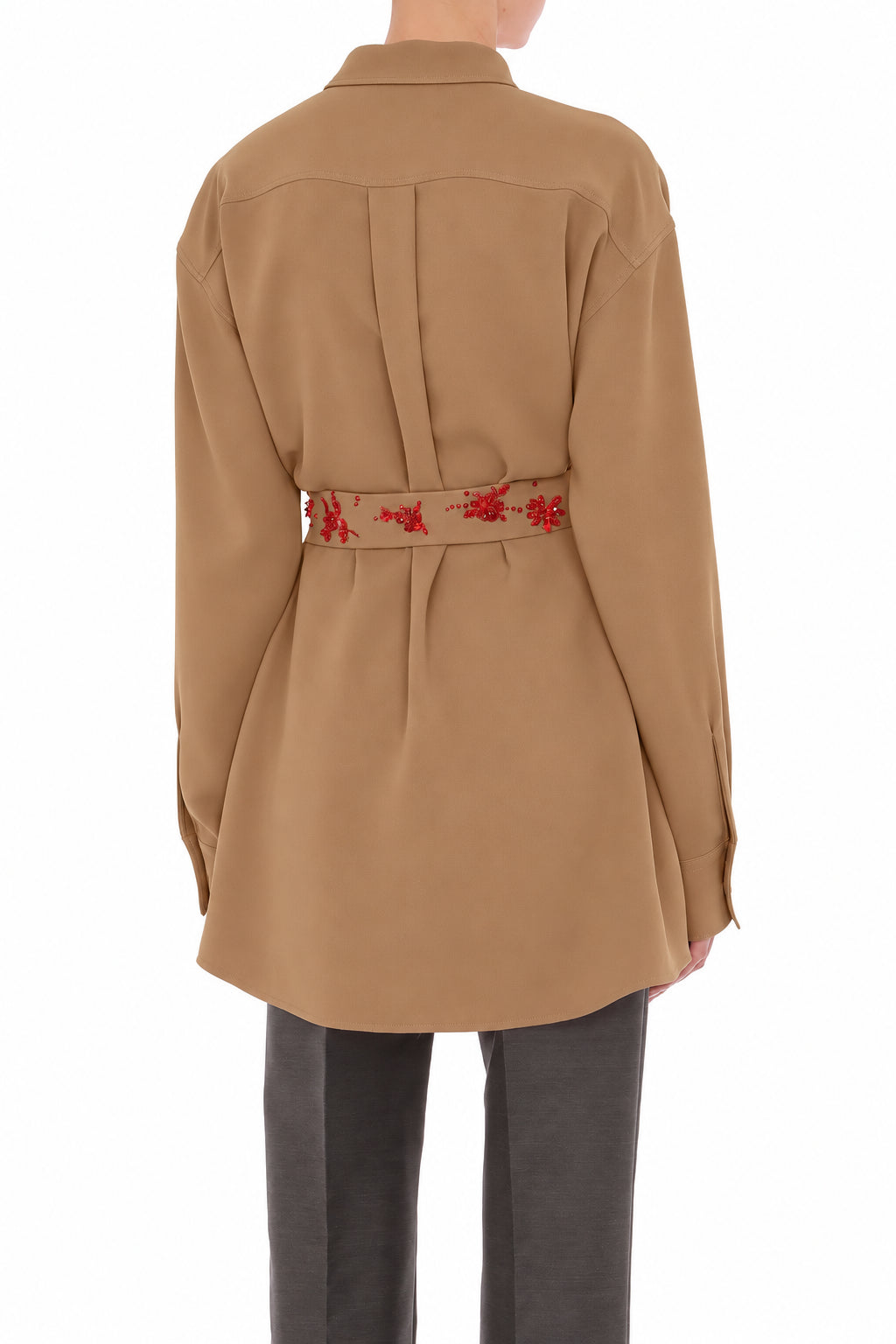 Robe Chemise Ceinturée Ornée - Beige