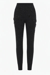 Pantalon Ajusté en Maille Orné - Black