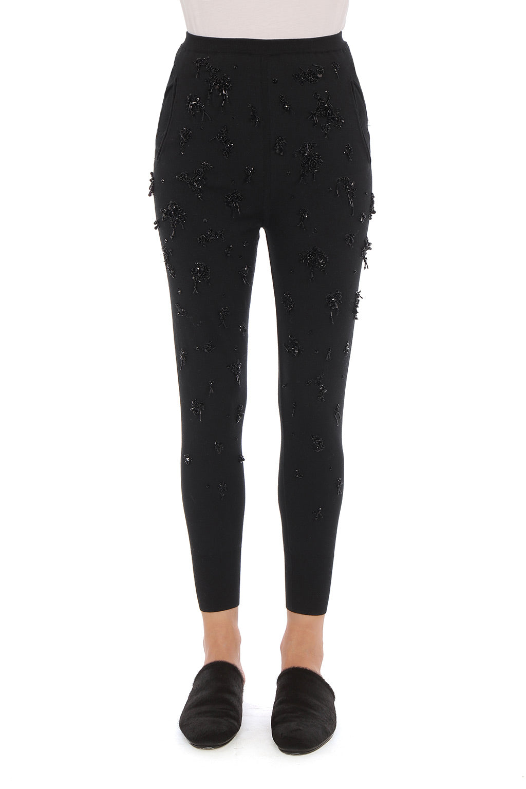 Pantalon Ajusté en Maille Orné - Black