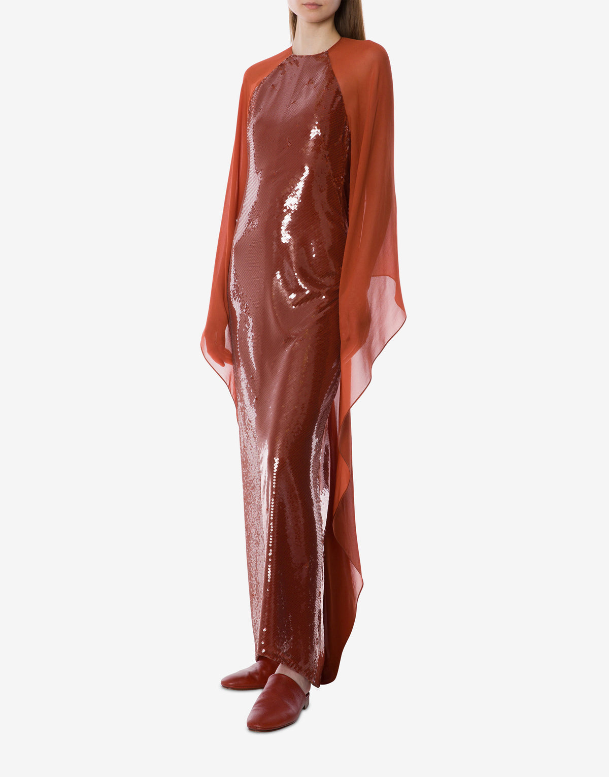 Robe de soirée à manches longues en paillettes et mousseline de soie - Brown