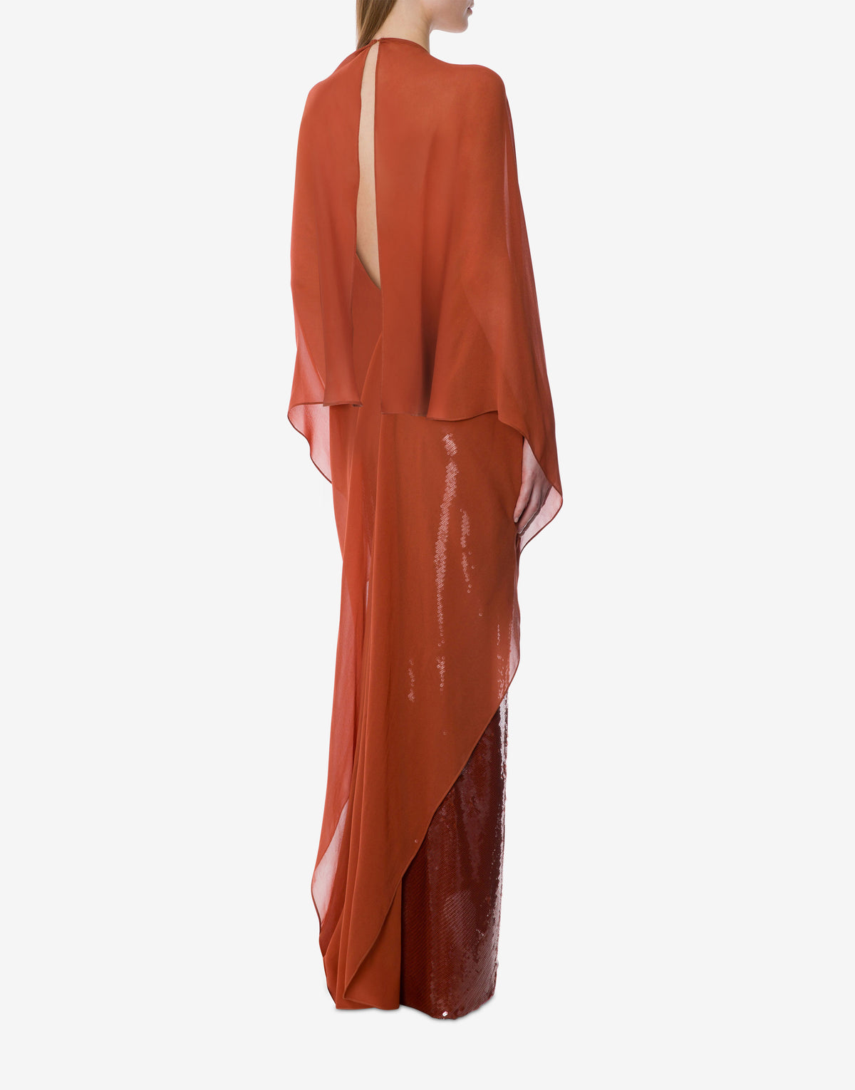 Robe de soirée à manches longues en paillettes et mousseline de soie - Brown