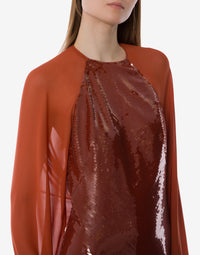 Robe de soirée à manches longues en paillettes et mousseline de soie - Brown