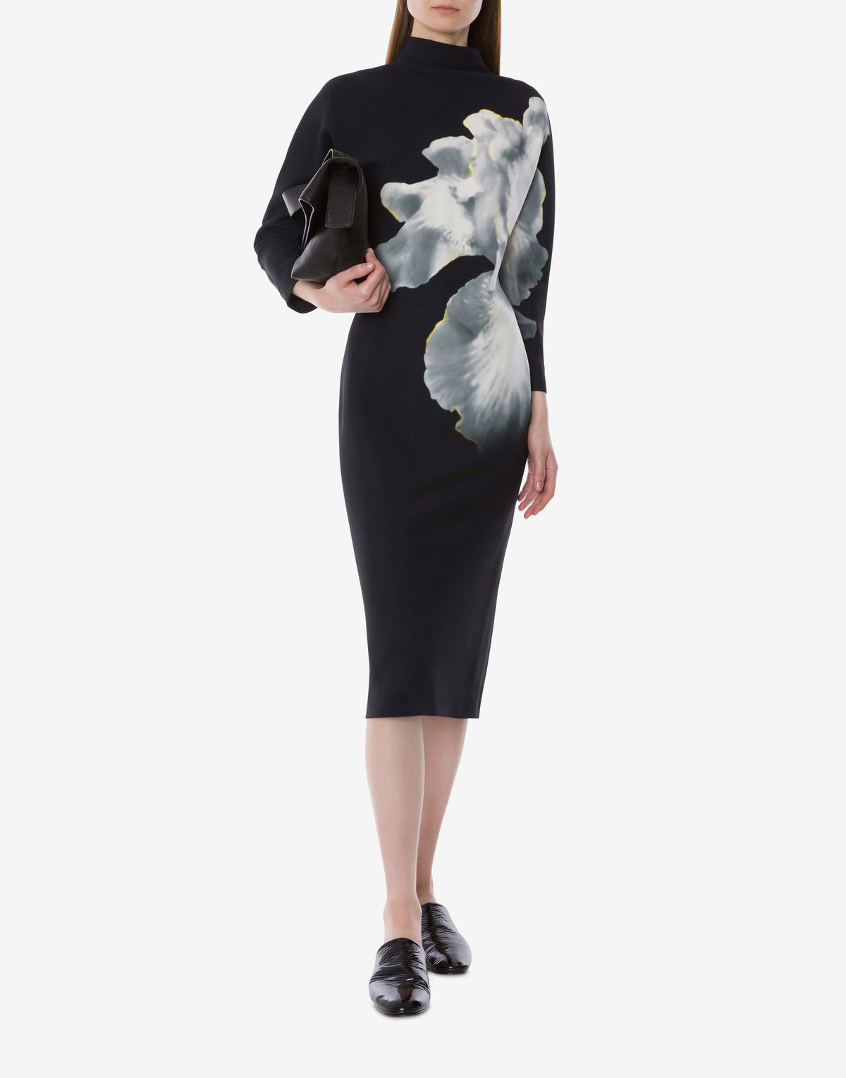 Robe midi à manches longues imprimée orchidée - Black