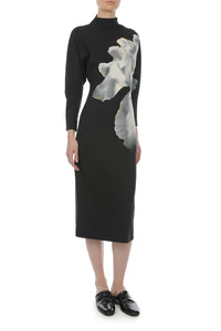 Robe midi à manches longues imprimée orchidée - Black