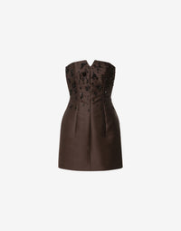 Mini robe bustier en laine brodée et soie - Brown