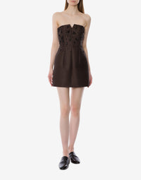 Mini robe bustier en laine brodée et soie - Brown