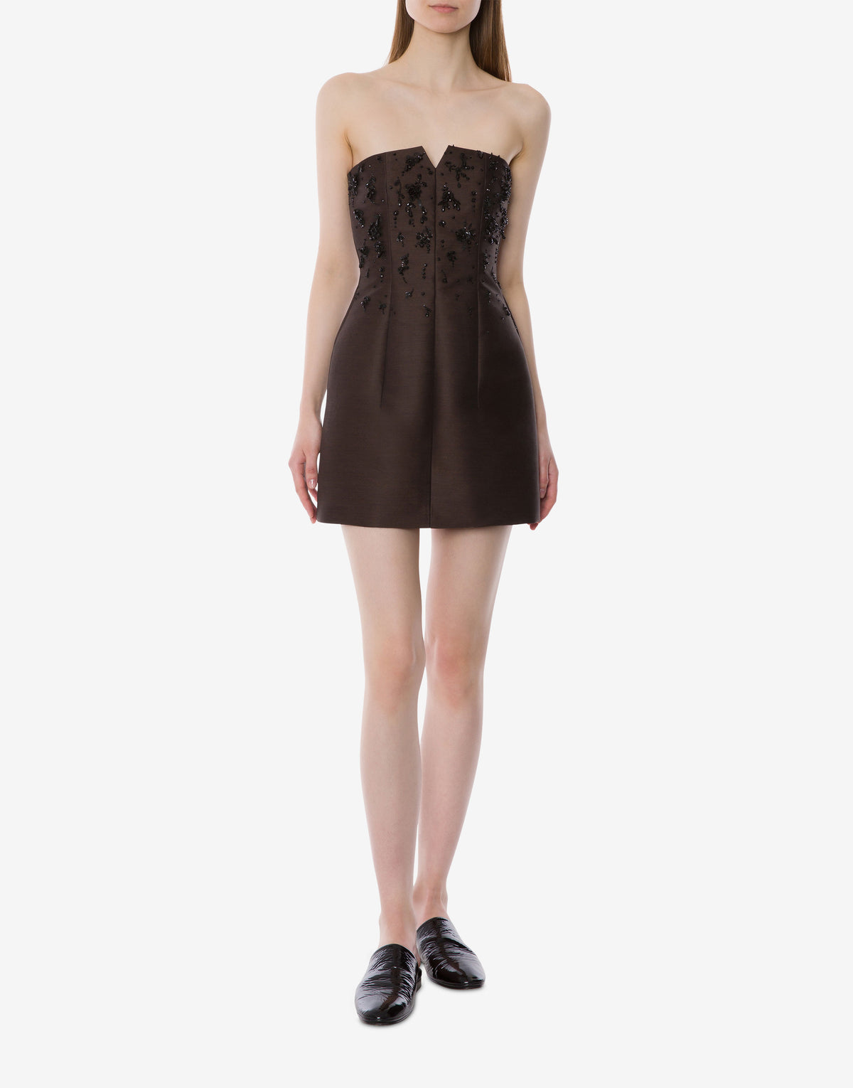 Mini robe bustier en laine brodée et soie - Brown