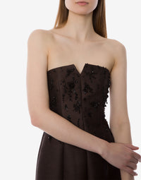 Mini robe bustier en laine brodée et soie - Brown