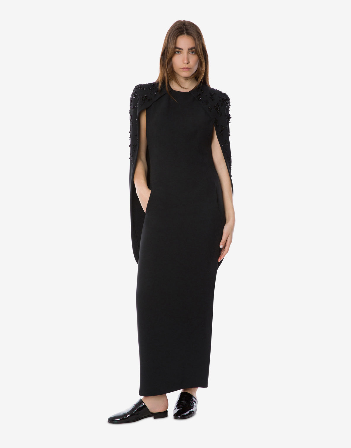 Robe cape en cady extensible brodée - Black